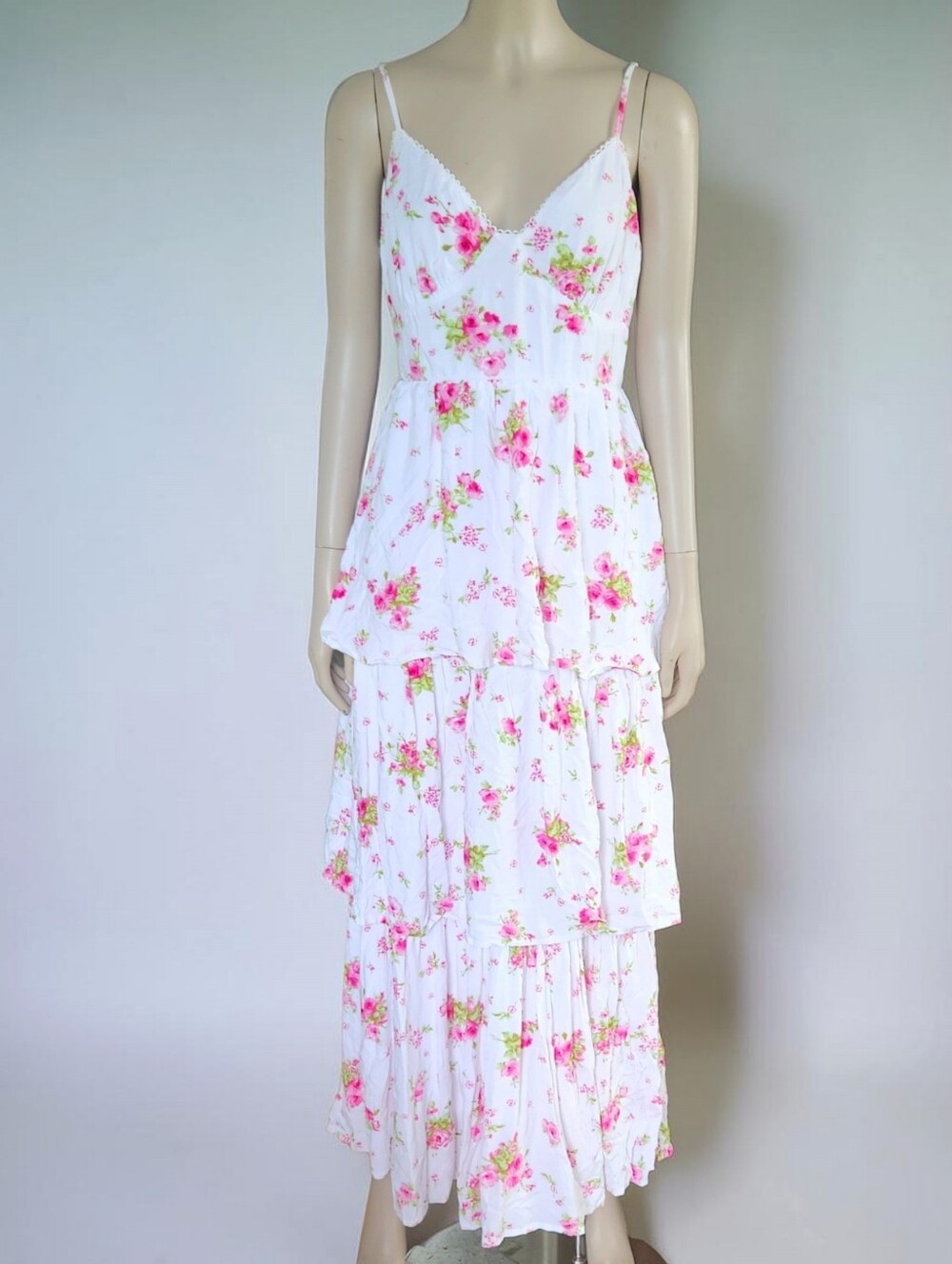 Altard State Floral Ruffle Tiered Maxi Dress M Sleeveless Pink Lace Up Back Rose